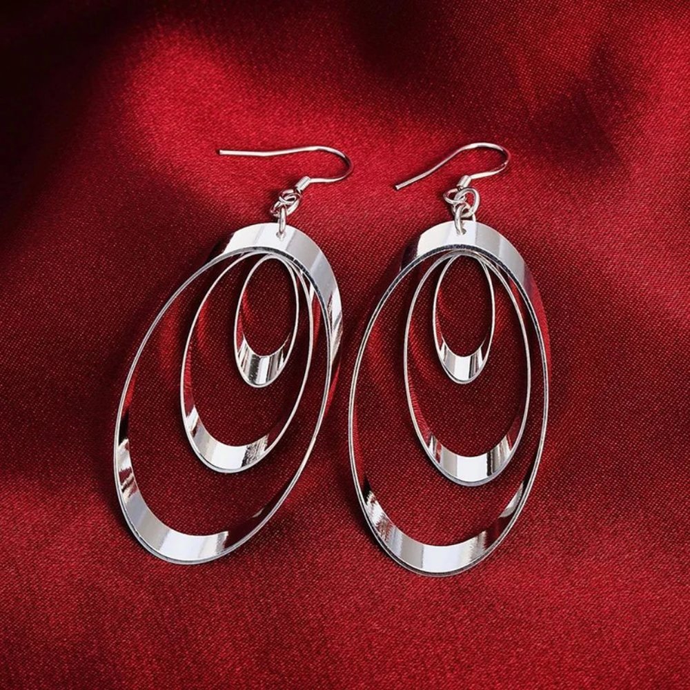 Gorgeous .925 Sterling Silver 3 Ovals Hanging Earrings - Picture 8 of 8
